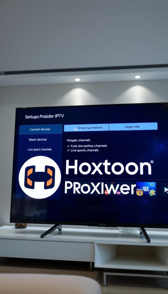 A well-lit, high-resolution close-up image of a modern smart TV display showing the setup process for the Hoxtoon Provider IPTV service. The screen displays a user-friendly configuration interface with clear instructions and options for connecting devices, managing subscriptions, and accessing live sports channels. The foreground features the Hoxtoon Provider logo prominently, while the background showcases a sleek, minimalist living room setting with modern furniture and subtle lighting accents. The overall tone is professional, informative, and visually appealing, reflecting the ease and reliability of the Hoxtoon IPTV service.