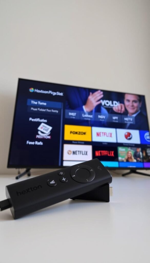 A well-lit, high-resolution close-up shot of multiple IPTV apps displayed on a Firestick 4K device. The apps include the "Hoxtoon Provider" app, showcasing its sleek interface and intuitive navigation. The device is set against a clean, neutral background, allowing the apps to be the focal point. The lighting is soft and diffused, creating a professional and inviting atmosphere. The camera angle is slightly elevated, providing a clear view of the Firestick 4K and the apps running on its interface.