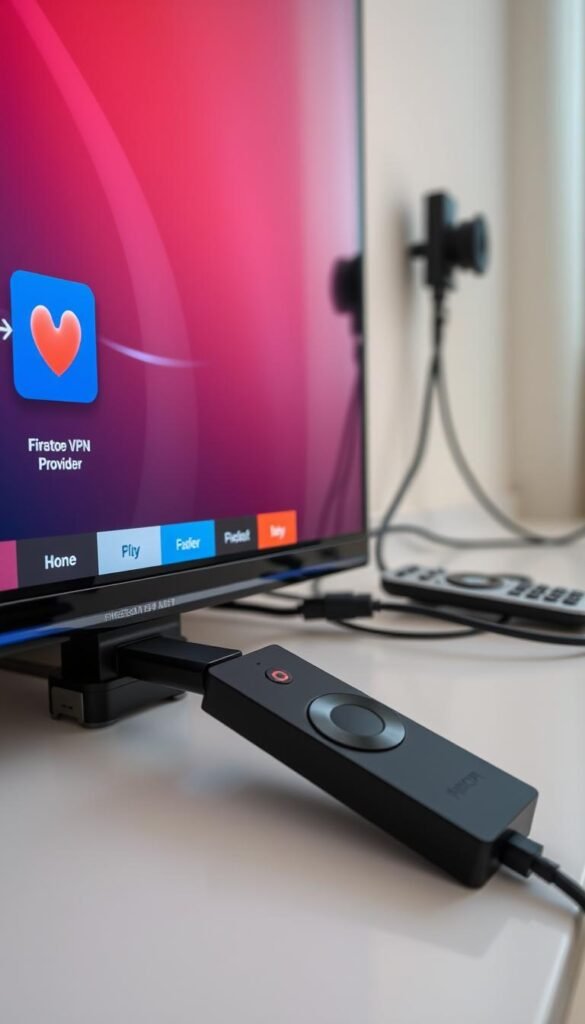 A well-lit, high-resolution close-up view of a Firestick device connected to a modern flat-screen TV, with a Hoxtoon Provider VPN app prominently displayed on the TV screen. The Firestick is surrounded by a sleek, minimalist entertainment setup, with a modern remote control and a tidy cable management system visible in the background. The scene conveys a sense of seamless integration, security, and premium entertainment experience.