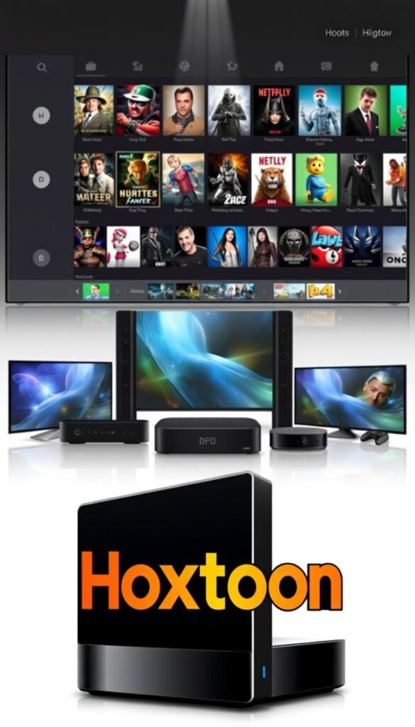 A well-lit, high-resolution illustration showcasing the Hoxtoon Provider IPTV service. In the foreground, the Hoxtoon logo stands out prominently, its bold lettering and vibrant colors commanding attention. In the middle ground, various streaming devices, such as smart TVs and set-top boxes, are artfully arranged, highlighting the platform's compatibility. The background features a sleek, modern interface with a diverse selection of content, from live TV channels to on-demand movies and shows, all neatly organized. The overall composition conveys a sense of sophistication, reliability, and the comprehensive entertainment experience that Hoxtoon Provider offers.