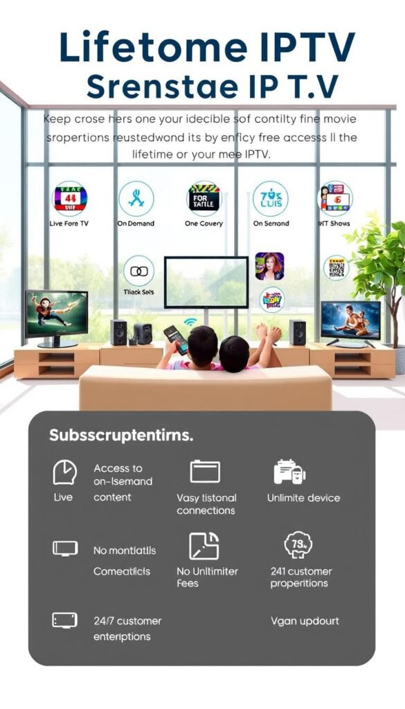 A well-lit, high-resolution illustration showcasing the key benefits of a lifetime IPTV subscription from Hoxtoon Provider. In the foreground, a person relaxes on a couch, remote in hand, surrounded by various entertainment devices and icons representing access to live TV, on-demand content, and a vast library of movies and shows. In the middle ground, a detailed breakdown of subscription perks like no monthly fees, unlimited device connections, and 24/7 customer support. The background features a sleek, modern living room setting with large windows allowing natural light to flood the scene, conveying a sense of comfort, convenience, and endless entertainment possibilities.