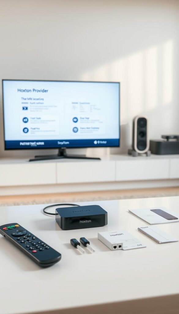 A well-lit, high-resolution image of a Hoxtoon Provider setup guide. The foreground shows a modern smart TV or streaming device connected to the Hoxtoon service, with clear instructions on the screen. The middle ground features various remote controls, cables, and setup materials neatly arranged. The background showcases a sleek, minimalist home entertainment center, with clean lines and neutral tones that complement the Hoxtoon branding. The lighting is soft and diffused, creating a warm, inviting atmosphere. The overall composition is balanced and visually appealing, highlighting the ease and simplicity of setting up the Hoxtoon Provider service.