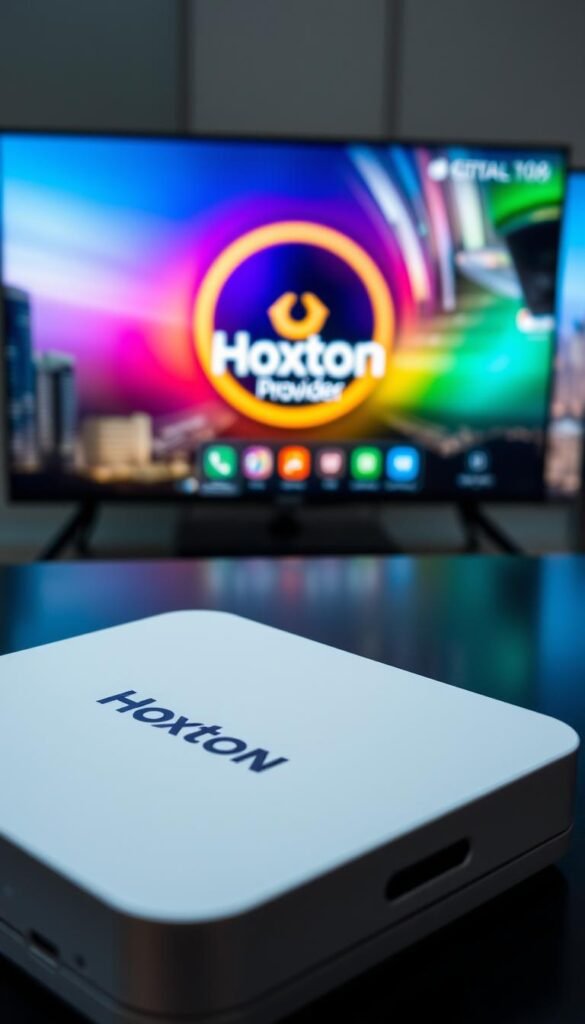 A well-lit, high-resolution image of a Mag Box device prominently displayed in the foreground, showcasing its sleek and modern design. In the middle ground, a colorful and dynamic user interface with the Hoxtoon Provider brand prominently displayed, highlighting the service's intuitive and user-friendly experience. The background should feature a blurred cityscape or landscape, suggesting the global reach and accessibility of the Hoxtoon IPTV service. The overall composition should convey a sense of sophistication, technology, and the superior quality of the Hoxtoon IPTV experience for Mag Box users. A well-lit, high-resolution image of a Mag Box device prominently displayed in the foreground, showcasing its sleek and modern design. In the middle ground, a colorful and dynamic user interface with the Hoxtoon Provider brand prominently displayed, highlighting the service's intuitive and user-friendly experience. The background should feature a blurred cityscape or landscape, suggesting the global reach and accessibility of the Hoxtoon IPTV service. The overall composition should convey a sense of sophistication, technology, and the superior quality of the Hoxtoon IPTV experience for Mag Box users.
