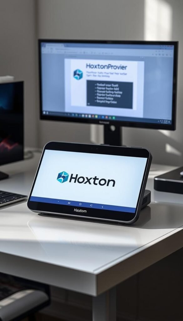 A well-lit, high-resolution image of a Mag Box device with the Hoxtoon Provider logo prominently displayed on the front panel. The Mag Box is positioned on a sleek, modern desk, surrounded by a tidy workspace. The scene showcases the step-by-step process of installing the Hoxtoon Provider service on the Mag Box, with the installation interface visible on the device's screen. The image conveys a sense of ease and efficiency, reflecting the straightforward nature of the Hoxtoon Provider setup. The lighting is soft and natural, creating a pleasant, inviting atmosphere.