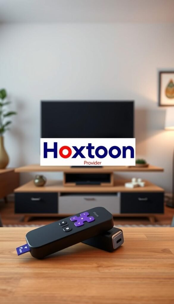 A well-lit, high-resolution image of a Roku TV streaming device prominently displayed on a modern, minimalist home entertainment setup. In the foreground, the Roku remote control is visible, showcasing its intuitive design. The middle ground features the Hoxtoon Provider logo, prominently displayed to highlight the IPTV service's integration with the Roku platform. The background depicts a cozy, inviting living room setting with tasteful decor, creating a sense of comfort and entertainment. The image conveys the seamless integration of Roku TV and the Hoxtoon IPTV service, emphasizing their perfect combination for a premium streaming experience.