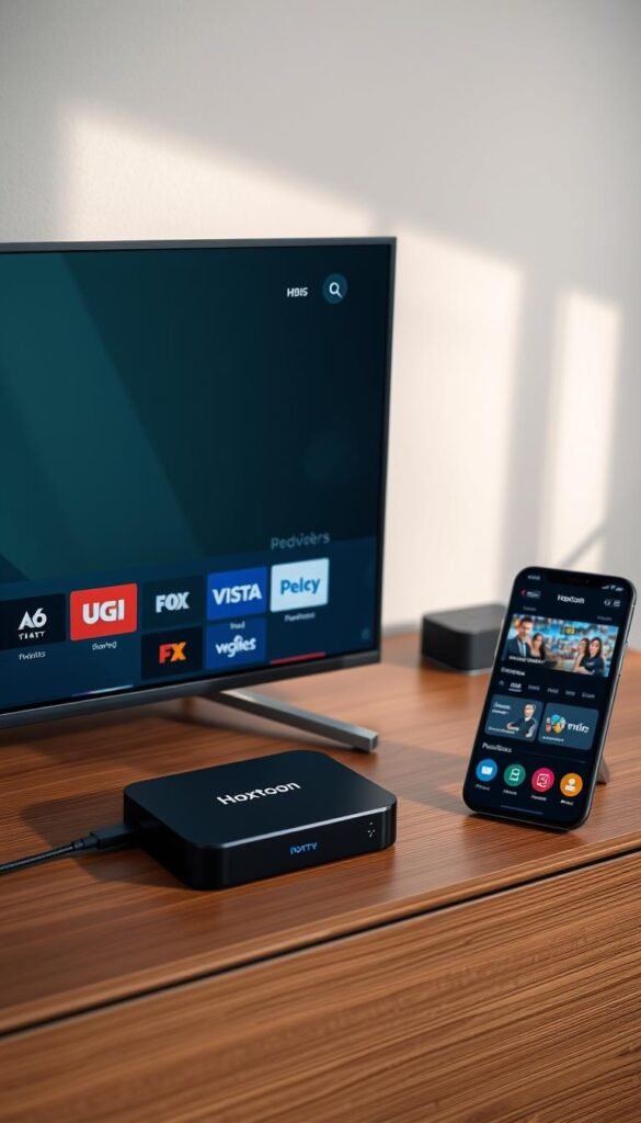 A well-lit, high-resolution image of a modern IPTV setup with a sleek smart TV display, a compact media streaming device labeled "Hoxtoon Provider", and a smartphone or tablet nearby showcasing the Hoxtoon app interface. The setup is arranged on a minimalist wooden desk or table, with subtle cable management and a clean, organized aesthetic. The lighting is soft and natural, creating a calm, inviting atmosphere. The image conveys the ease and convenience of setting up a premium IPTV service like Hoxtoon to enjoy a vast selection of live TV channels.