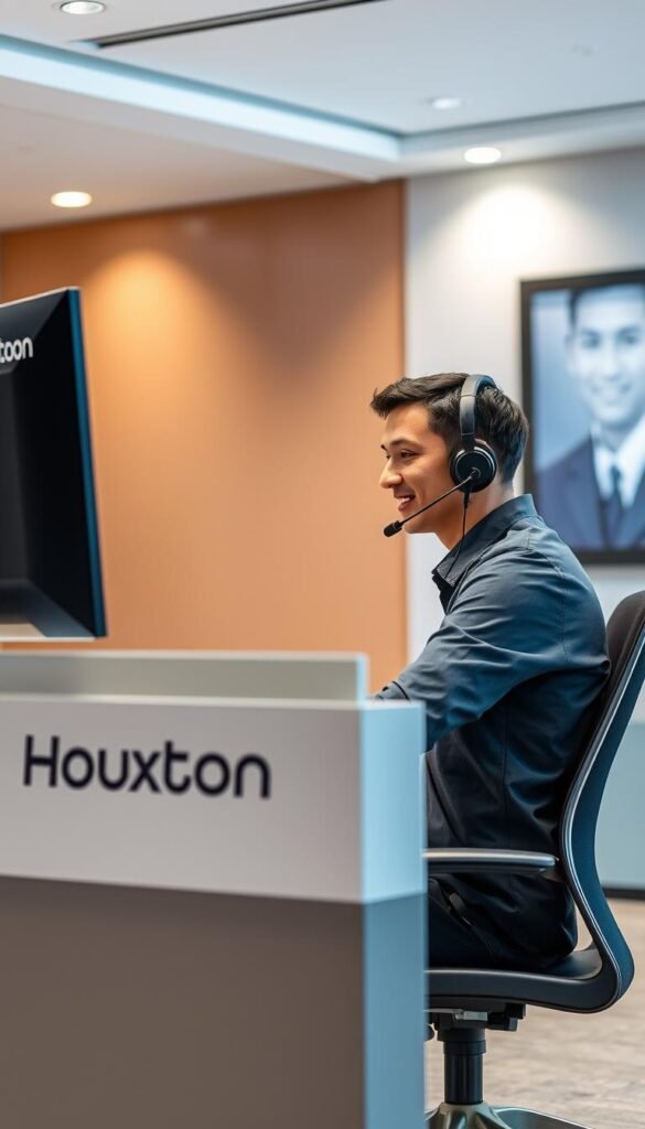 A well-lit, high-resolution image of a professional customer service representative from the Hoxtoon IPTV provider, sitting at a desk and assisting a customer over the phone. The representative has a friendly, attentive expression and is wearing a collared shirt and headset. The desk features the Hoxtoon logo prominently, and the background showcases a modern, streamlined office environment with clean lines and neutral tones. The lighting is soft and diffused, creating a warm, inviting atmosphere. The overall scene conveys a sense of reliable, responsive customer support and service quality.
