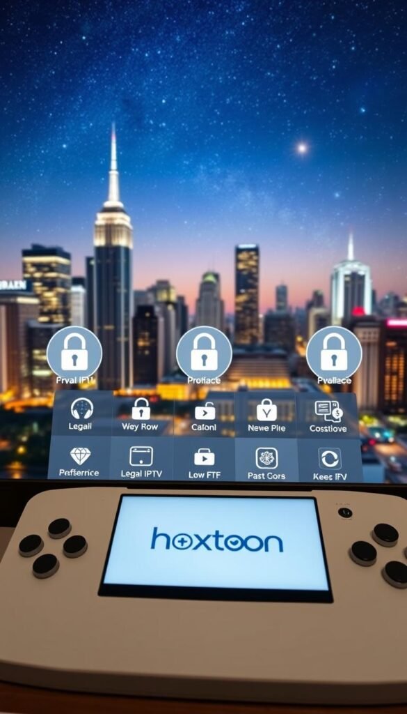 A well-lit, high-resolution image of secure and private IPTV streaming providers. In the foreground, a clean and modern interface showcasing the Hoxtoon Provider brand, with intuitive controls and seamless navigation. The middle ground features various legal IPTV service icons, each with a lock symbol indicating enhanced security measures. In the background, a cityscape skyline with skyscrapers and a starry night sky, symbolizing the global reach and reliability of these IPTV services. The overall mood is one of professionalism, trustworthiness, and attention to privacy and data protection.