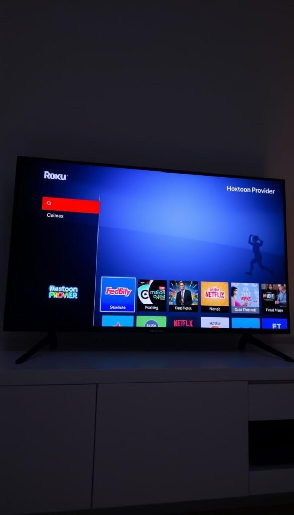 A well-lit, high-resolution image of the Roku IPTV home screen showcasing a variety of channels and apps, including the Hoxtoon Provider app prominently displayed. The image should have a clean, modern aesthetic with a focus on the user interface and channel icons. The lighting should be soft and evenly distributed, creating a calming atmosphere. The camera angle should be slightly elevated, providing a clear view of the Roku's menu and channel selection. The overall mood should convey the ease and convenience of using Roku for IPTV services, particularly with the Hoxtoon Provider.