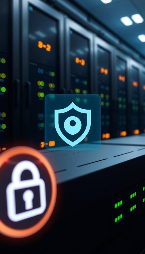 A well-lit, high-resolution image showcasing the robust security features of the Hoxtoon Provider IPTV service. In the foreground, a network security icon with a padlock symbol, representing the platform's encryption protocols. In the middle ground, a data privacy icon with a shield, highlighting Hoxtoon's strict no-logs policy. In the background, a secure server rack with glowing status indicators, conveying the reliable infrastructure that underpins the IPTV service. The overall scene should radiate a sense of trustworthiness, professionalism, and technological sophistication, aligning with Hoxtoon Provider's reputation as a premier Arabic IPTV service in the USA.