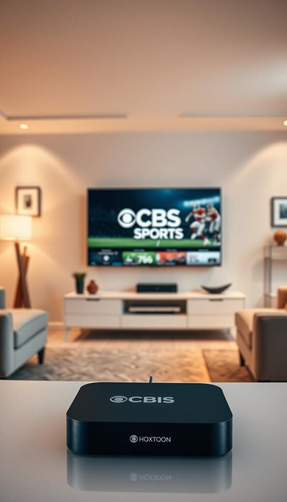 A well-lit, high-resolution interior scene of a modern living room. In the center, a large flat-screen TV displays the CBS Sports logo and live sports coverage. In the foreground, a sleek, black streaming device labeled "Hoxtoon Provider" is connected to the TV, showcasing the seamless integration of IPTV technology. The room is bathed in warm, diffused lighting, creating a cozy and inviting atmosphere. The walls are adorned with minimalist decor, complementing the contemporary design. The overall scene conveys the ease and convenience of accessing CBS Sports content through the Hoxtoon Provider IPTV solution.