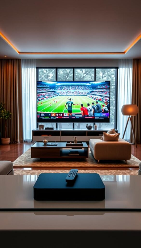 A well-lit, high-resolution interior scene showcasing the Hoxtoon Provider IPTV Smarters Premium setup. In the foreground, a sleek, modern smart TV displays a vibrant sports event, surrounded by a minimalist entertainment center with a streaming device and remote control. The middle ground features a cozy, inviting living room setting with plush seating and contemporary decor, creating an immersive home theater atmosphere. The background subtly transitions to a large window, allowing natural light to flood the space and accentuate the premium, high-quality visuals of the IPTV experience. The overall scene conveys a sense of technological sophistication, comfort, and the thrill of live sports entertainment.