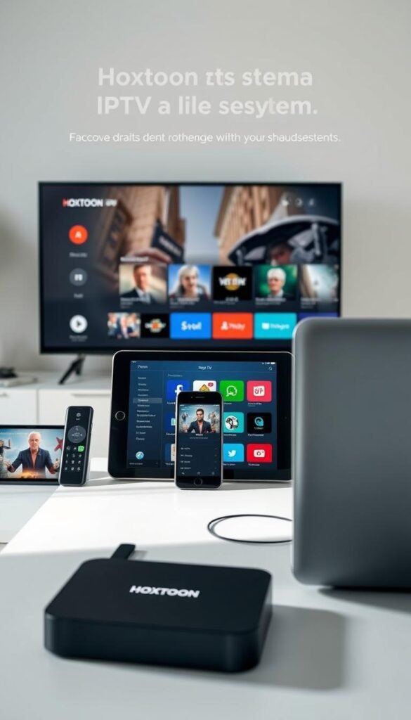 A well-lit, high-resolution photograph of various alternative devices for accessing Hoxtoon Provider IPTV service. In the foreground, a modern smart TV, a streaming media box, and a tablet device, all showcasing Hoxtoon's intuitive user interface. In the middle ground, a smartphone and a laptop computer, demonstrating the flexibility of Hoxtoon's multi-platform compatibility. The background features a clean, minimalist setting, emphasizing the sleek and technologically-advanced nature of the Hoxtoon ecosystem. The lighting is soft and natural, highlighting the devices' premium design and the seamless integration of the Hoxtoon IPTV solution across a range of consumer electronics.