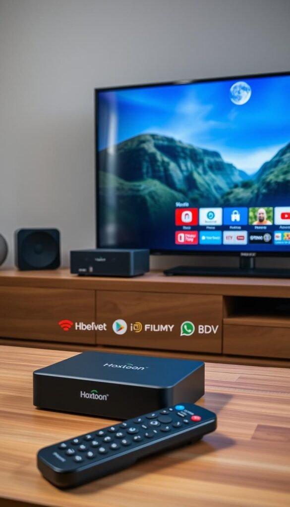 A well-lit home entertainment setup featuring multiple Hoxtoon Provider encoder IPTV devices positioned neatly on a modern wooden TV stand. The devices have a sleek, minimalist design with clean lines and subtle branding. In the foreground, a remote control lies next to the devices, hinting at the seamless multi-device compatibility. The middle ground showcases various streaming service logos, suggesting the wide range of content accessible through the Hoxtoon Provider system. The background features a large, high-definition television screen displaying vibrant, lifelike visuals, creating an immersive viewing experience.