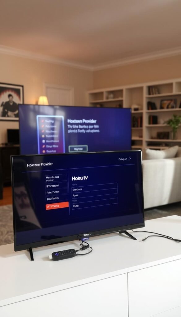A well-lit home entertainment setup with a Roku TV in the foreground, displaying a setup screen for an IPTV service called "Hoxtoon Provider". In the middle ground, a wireless router and various cable connections are visible, suggesting a seamless integration of the IPTV service. The background features a cozy living room with neutral-toned furnishings, creating a warm and inviting atmosphere. The scene conveys a sense of ease and simplicity in setting up a comprehensive IPTV solution on a Roku TV.
