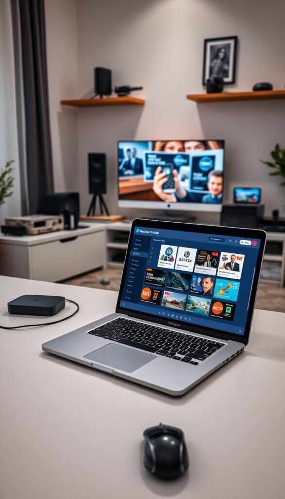 A well-lit home office setup with a desktop computer, keyboard, and mouse prominently displayed. In the foreground, an open laptop showcases the "Hoxtoon Provider" IPTV service interface, highlighting its user-friendly design and intuitive navigation. Surrounding the setup, various home entertainment devices like a streaming box, smart TV, and mobile devices suggest a comprehensive IPTV solution. The overall atmosphere conveys a sense of modern, tech-savvy living, with clean lines, muted colors, and subtle ambient lighting that enhances the professionalism of the "Hoxtoon Provider" branding.
