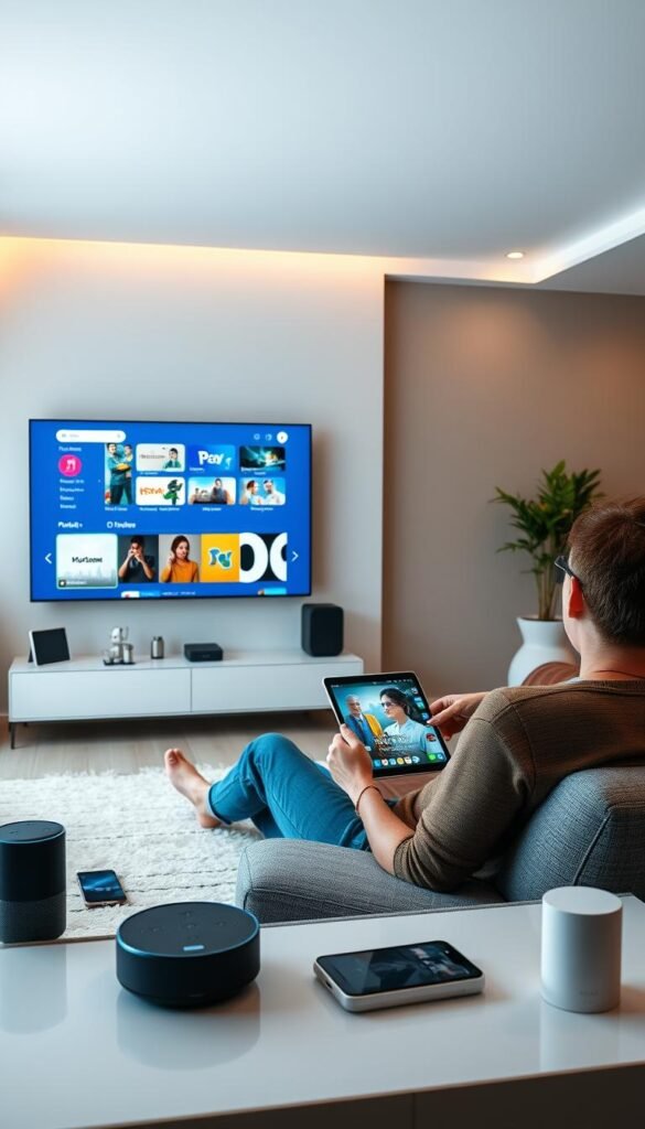 A well-lit indoor scene showcasing a modern living room setup. In the foreground, a sleek smart TV displays the Hoxtoon Provider interface, its intuitive menu and vibrant content thumbnails visible. Surrounding the TV, various digital devices such as smartphones, tablets, and a voice-controlled smart speaker demonstrate the multi-device compatibility of the Hoxtoon service. In the middle ground, a person comfortably lounges on a plush couch, effortlessly navigating the Hoxtoon app on their tablet. The background depicts a minimalist, well-appointed space with warm lighting and tasteful decor, creating a relaxing, high-tech ambiance.