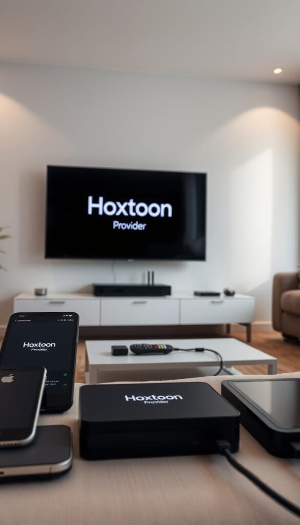 A well-lit interior scene showcasing a modern home entertainment setup. In the foreground, multiple streaming devices, including smartphones, tablets, and a smart TV, are arranged neatly. The Hoxtoon Provider logo is prominently displayed on the TV screen, indicating the IPTV service being used. The mid-ground features a sleek, minimalist entertainment console with various cable connections, highlighting the multi-device compatibility. The background showcases a cozy living room setting with soft, indirect lighting, suggesting a comfortable and immersive viewing experience.