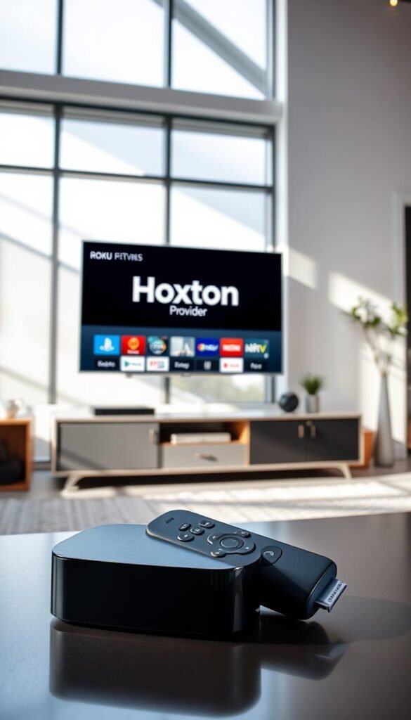 A well-lit living room with a Roku device prominently displayed on a modern TV stand. The Roku's interface shows the Hoxtoon Provider logo, indicating a seamless IPTV streaming experience. The room has a sleek, minimalist design with large windows allowing natural light to flood the space. The viewer's gaze is drawn to the Roku, showcasing its clean, user-friendly interface and the high-quality video playback. The overall atmosphere conveys a sense of technological sophistication and a premium home entertainment setup.