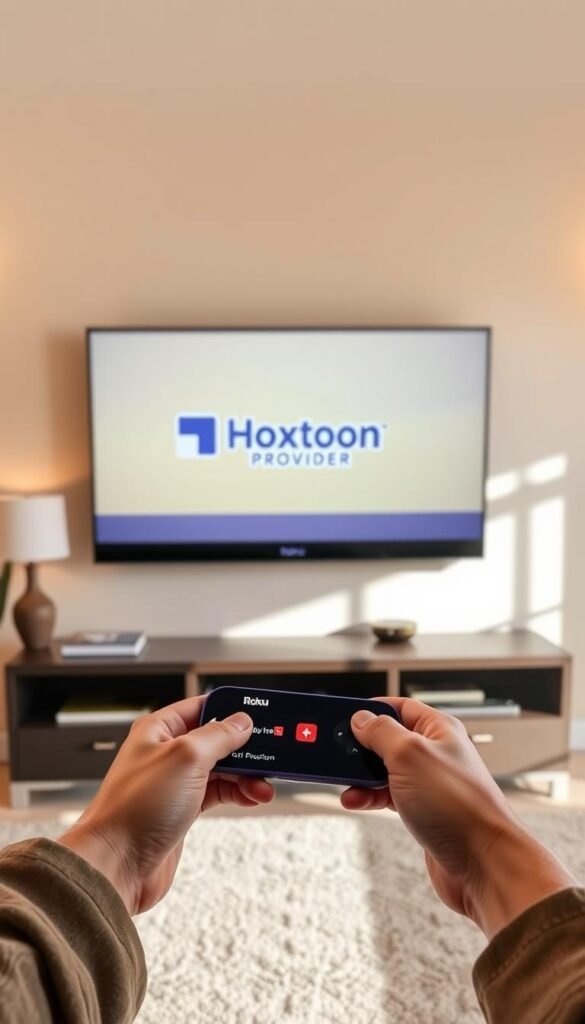 A well-lit living room with a modern Roku TV mounted on the wall. On the TV screen, the Hoxtoon Provider logo is prominently displayed, indicating the setup process. In the foreground, a person's hands are shown navigating the Roku interface, seamlessly setting up the Hoxtoon app. The room is tastefully decorated, with warm lighting and neutral tones, creating a cozy and inviting atmosphere. The overall scene conveys the ease and simplicity of setting up the Hoxtoon Provider on a Roku TV.