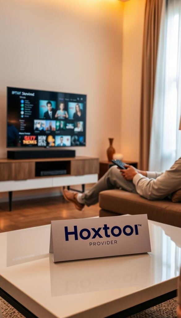 A well-lit living room with a modern TV mounted on the wall. In the foreground, a person relaxes on a comfortable couch, remote in hand, engrossed in a streaming service interface displaying a variety of on-demand shows. On the coffee table, a "Hoxtoon Provider" logo is prominently displayed, signifying the IPTV service enabling this catch-up viewing experience. The room is filled with warm, inviting lighting, creating a cozy atmosphere perfect for binge-watching missed episodes. The overall scene conveys the convenience and flexibility of having a comprehensive catch-up TV service at one's fingertips.