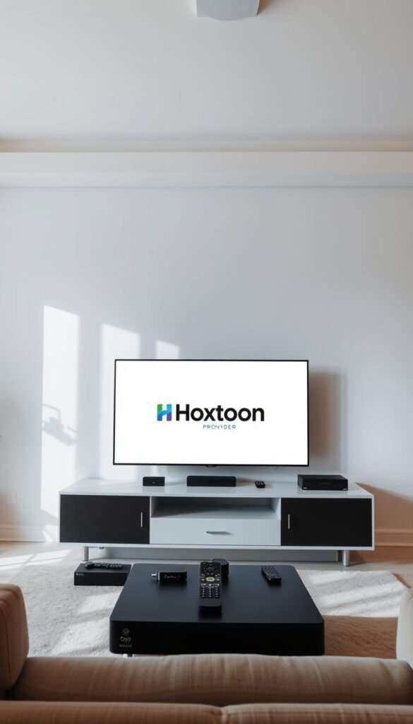 A well-lit living room with a modern, minimalist aesthetic. In the center, a sleek TV display showcases the Hoxtoon Provider brand logo against a clean white background. Surrounding the TV, an array of streaming devices and remote controls suggest the versatility of the IPTV service. Soft, directional lighting from above illuminates the scene, creating a sense of warmth and professionalism. The overall composition emphasizes the ease and accessibility of the Hoxtoon free trial, inviting the viewer to explore the service firsthand.