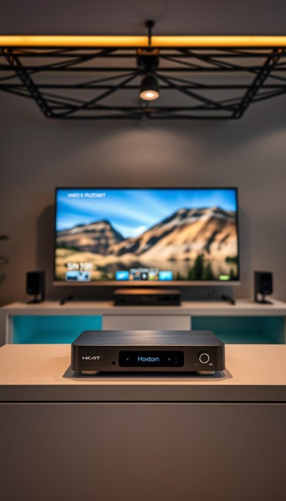 A well-lit, modern 4K streaming setup with sleek, high-end components. In the foreground, a high-performance 4K media player from Hoxtoon Provider rests on a minimalist entertainment center, its clean lines and brushed metal finish complementing the overall aesthetic. Behind it, a state-of-the-art 4K TV displays vibrant, detailed imagery, its ultra-thin bezel fading into the background. Overhead, a discreet yet powerful lighting rig casts a warm, even glow across the scene, creating a cozy, inviting atmosphere. In the far background, a cable management system neatly routes all necessary connections, ensuring a clutter-free and professional appearance. The entire setup exudes a sense of cutting-edge technology and seamless integration, ready to deliver an immersive 4K live IPTV experience.