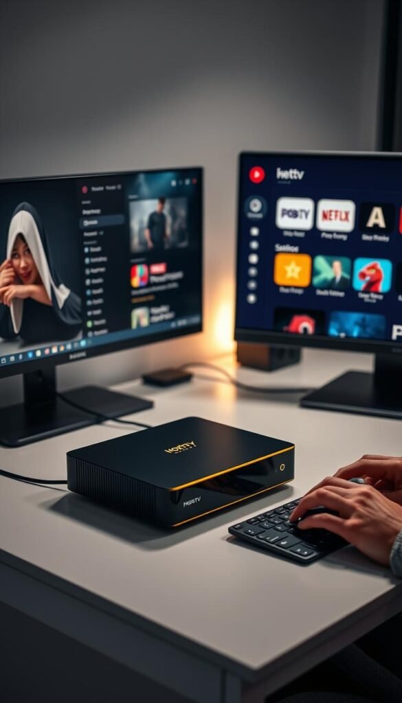 A well-lit, modern home office setup featuring a sleek, high-end Hoxtoon Provider IPTV gold premium box connected to a large 4K display. The box is placed on a clean, minimalist desk alongside a professional-grade computer setup. Soft, diffused lighting illuminates the scene, creating a cozy and productive atmosphere. The user is using a wireless keyboard and mouse, with various streaming service icons visible on the screen, hinting at the breadth of content available through the Hoxtoon Provider IPTV service. The overall scene conveys a sense of elevated, premium streaming experience.