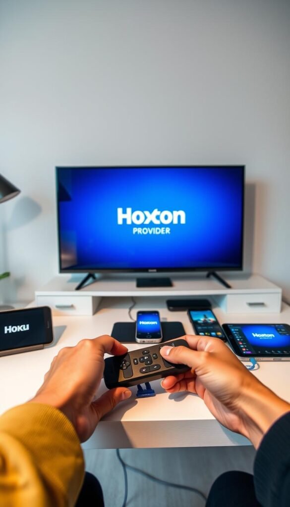 A well-lit, modern home office setup with a Roku device prominently displayed on a desk. In the foreground, a person's hands are configuring the Roku settings, with a Hoxtoon Provider logo visible on the screen. The middle ground showcases multiple devices, such as smartphones and tablets, connected to the Roku for seamless multi-device streaming. The background features a minimalist wall design, evoking a sense of clean, contemporary style. The overall scene conveys the ease and flexibility of setting up an IPTV system on a Roku device to enjoy content across multiple devices simultaneously.