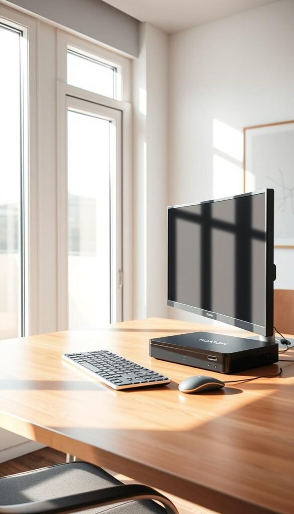 A well-lit, modern home office setup with a sleek, black Hoxtoon Provider IPTV box prominently displayed on a minimalist wooden desk. The box is connected to a high-definition monitor, with cables neatly routed. A keyboard and mouse are positioned for easy access, and a wireless remote control rests nearby. The room has large windows, allowing natural light to filter in and create a bright, airy atmosphere. The walls are adorned with simple, abstract artwork, contributing to the overall clean and sophisticated aesthetic. The scene conveys a sense of efficiency and tech-savvy home entertainment.