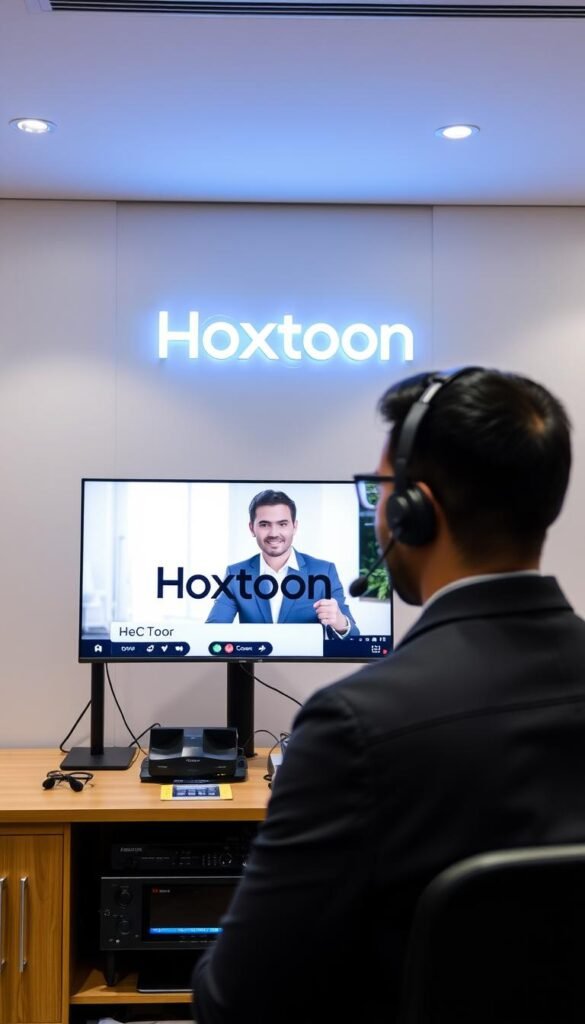 A well-lit, modern interior scene featuring the Hoxtoon Provider logo prominently displayed on a sleek, high-resolution monitor. In the foreground, a customer service representative, dressed in a professional attire, is providing assistance to a customer via a video call. The middle ground showcases a neatly organized desk with a selection of technical equipment, suggesting a capable and well-equipped support team. The background features a clean, minimalist design, creating a sense of reliability and trustworthiness. The overall mood is one of efficiency, responsiveness, and a customer-centric approach, reflecting the Hoxtoon Provider's commitment to delivering a premium IPTV experience.