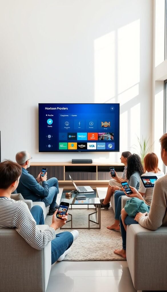 A well-lit modern living room with a large TV screen displaying the Hoxtoon Provider IPTV service interface. Several people, of diverse ages and backgrounds, are shown using various devices like smartphones, tablets, and laptops to stream content simultaneously. The room has sleek, minimalist furniture and large windows allowing natural light to flood the space, creating a clean, contemporary atmosphere. The devices are arranged purposefully, highlighting the seamless multi-device streaming experience. The overall scene conveys a sense of reliability, convenience, and technological sophistication associated with the Hoxtoon Provider IPTV service.