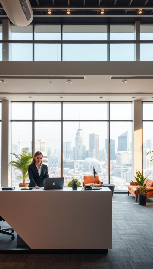 A well-lit, modern office interior with a Hoxtoon Provider customer service desk in the foreground. The desk features sleek, minimalist design with a laptop, headset, and a neatly organized workspace. Behind the desk, friendly customer support agents in business attire assist clients, their expressions conveying professionalism and a willingness to help. The middle ground showcases a cozy waiting area with comfortable chairs and potted plants, creating a welcoming atmosphere. In the background, large windows offer a panoramic view of a bustling city skyline, bathed in warm, natural lighting. The overall scene exudes a sense of efficiency, responsiveness, and a commitment to Hoxtoon Provider's customer-centric approach.
