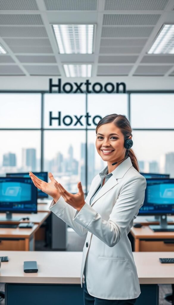A well-lit, modern office interior with a large desk and multiple computer screens. In the foreground, a customer service representative in a crisp, professional outfit is gesturing and smiling, conveying reliable and attentive support. The middle ground features a prominent "Hoxtoon Provider" logo, indicating the IPTV service. The background showcases a cityscape through floor-to-ceiling windows, suggesting a thriving, trustworthy business. The overall atmosphere radiates professionalism, efficiency, and a commitment to customer satisfaction.
