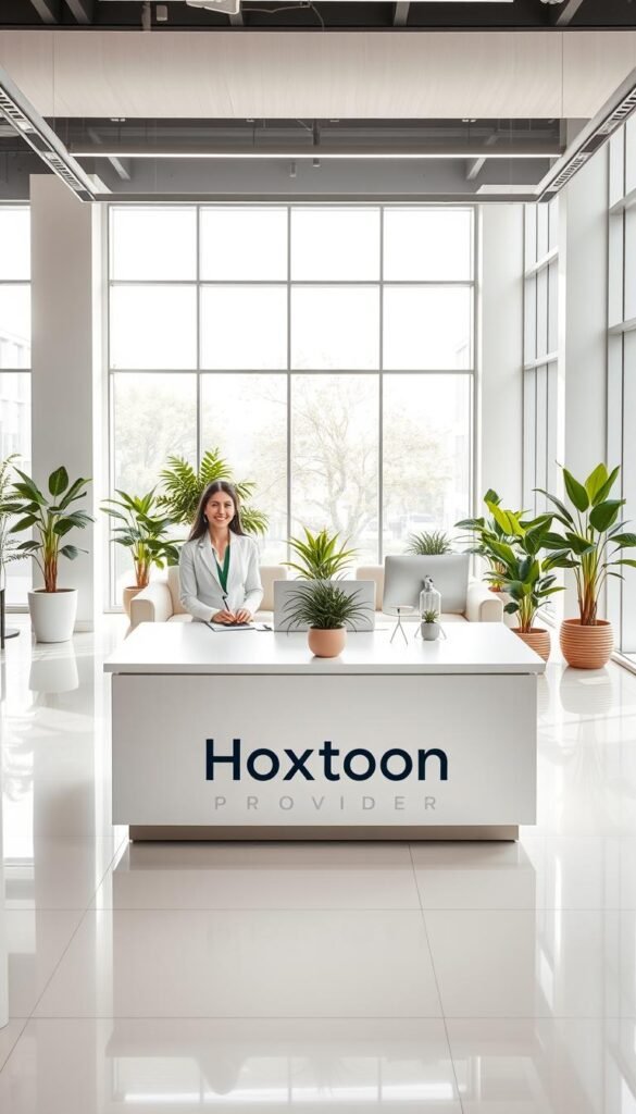 A well-lit, modern office interior with a sleek, minimalist design. In the foreground, a spacious customer support desk with a Hoxtoon Provider logo prominently displayed. Behind the desk, two friendly customer service representatives wearing professional attire are assisting customers with their inquiries. The middle ground features comfortable seating areas and potted plants, creating a welcoming atmosphere. The background showcases large windows that allow natural light to flood the space, giving it a bright and airy feel. The overall scene conveys a sense of efficiency, professionalism, and a commitment to providing excellent customer support for the Hoxtoon Provider brand.