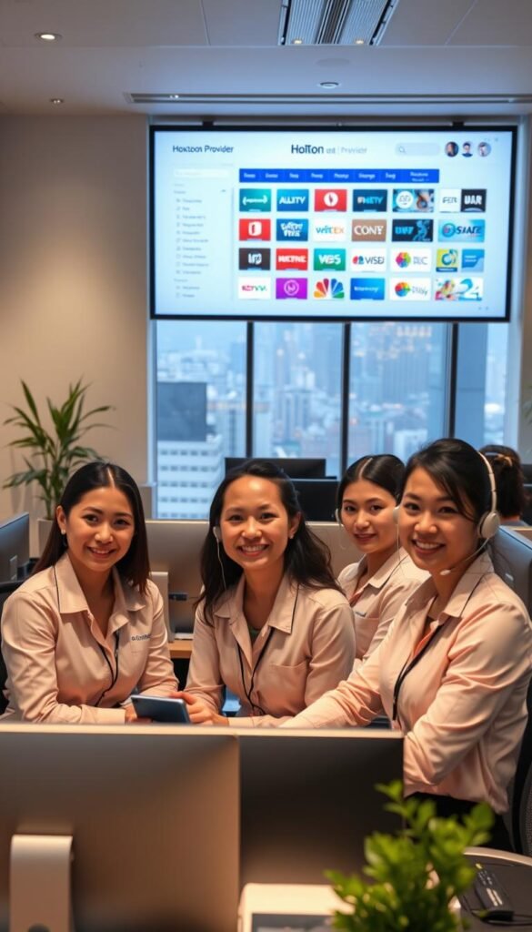 A well-lit, modern office interior with sleek furniture and high-tech equipment. In the foreground, a group of Hoxtoon Provider customer service representatives diligently assisting clients, their faces expressing warmth and professionalism. The middle ground showcases a large display screen highlighting Hoxtoon Provider's extensive channel lineup and user-friendly interface. In the background, a panoramic window offers a view of a bustling city skyline, conveying a sense of the company's global reach and capabilities. The lighting is soft and inviting, creating a welcoming atmosphere that reflects Hoxtoon Provider's commitment to customer satisfaction.