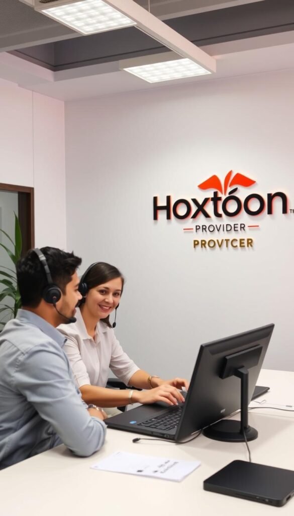 A well-lit, modern office setting with a customer service agent seated at a desk, assisting a customer on a laptop. The agent wears a headset and has a warm, professional demeanor. In the background, the Hoxtoon Provider logo is prominently displayed on a wall, indicating the high-quality IPTV service. The overall atmosphere conveys reliability, attentiveness, and a commitment to customer satisfaction.