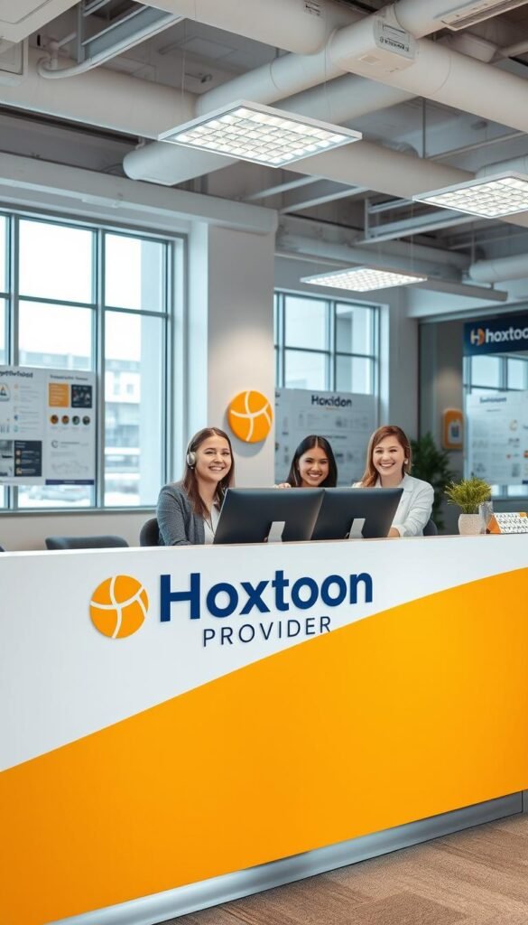 A well-lit office interior with a customer service desk in the foreground. The desk features the "Hoxtoon Provider" logo prominently displayed. Behind the desk, a team of helpful support agents are assisting customers, their faces warm and inviting. The walls are adorned with informative posters and branding elements, creating a professional yet approachable atmosphere. Large windows in the background let in natural light, giving the space an airy and welcoming feel. The overall composition conveys a sense of efficient, knowledgeable, and personalized customer support, ready to address any questions or concerns.