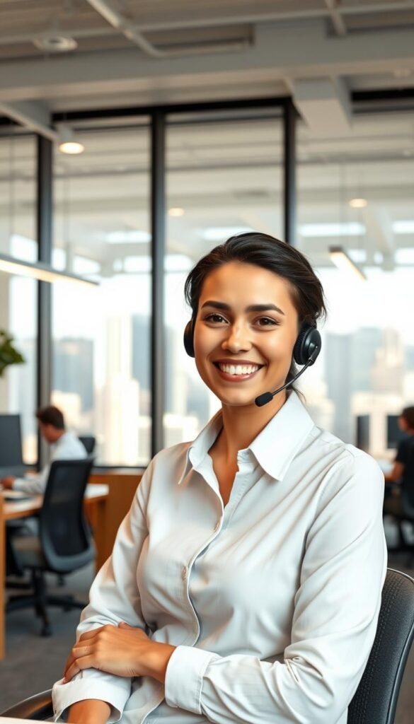 A well-lit office interior with a warm, inviting atmosphere. In the foreground, a Hoxtoon Provider customer service representative sits at a desk, wearing a professional attire and offering a warm, friendly smile. The middle ground showcases a modern, open-concept workspace with tasteful decor and ergonomic furniture. In the background, a large window overlooking a bustling city skyline, creating a sense of connection and professionalism. The lighting is soft and natural, highlighting the representative's face and creating a welcoming ambiance. The camera angle is slightly elevated, conveying a sense of trust and confidence in the Hoxtoon Provider's customer support.