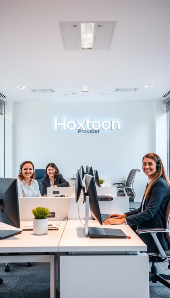 A well-lit office interior with professional customer service agents assisting customers at their desks. The Hoxtoon Provider logo is prominently displayed on the wall behind them. The agents are wearing business attire and have friendly, welcoming expressions as they engage with callers. The office has a clean, modern aesthetic with sleek furniture and large windows allowing natural light to flood the space. The atmosphere conveys a sense of efficiency, reliability, and dedication to customer satisfaction that reflects Hoxtoon Provider's commitment to quality service.