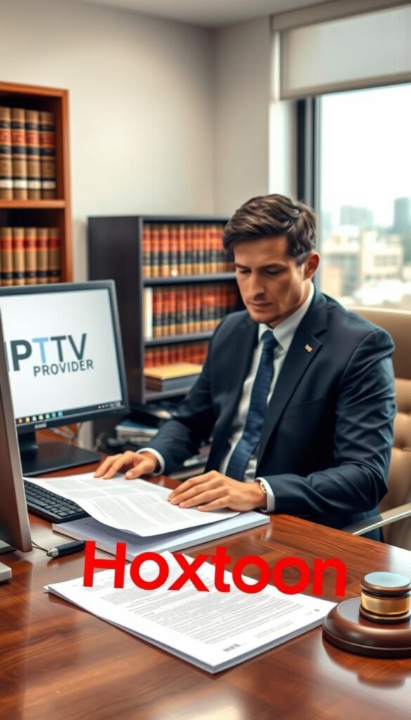 A well-lit office setting with a professional-looking desk, computer, and legal documents related to IPTV regulations. In the foreground, a person in a suit is reviewing papers, with a focused expression. The background features shelves of legal books and a window overlooking a cityscape, conveying a sense of authority and expertise. The Hoxtoon Provider logo is subtly displayed on a corner of the desk, reinforcing the brand's association with legal IPTV services.