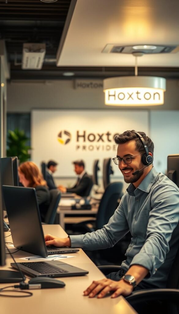 A well-lit, professional customer service office with a team of friendly agents assisting customers. In the foreground, a smiling representative in a collared shirt and headset is providing guidance to a client on a high-quality laptop. In the middle ground, other agents are diligently working at their desks, creating an atmosphere of efficiency and care. The background features the Hoxtoon Provider logo prominently displayed, conveying a sense of authority and reliability. The lighting is warm and inviting, with a touch of sophistication that sets the tone for a premium IPTV service experience.