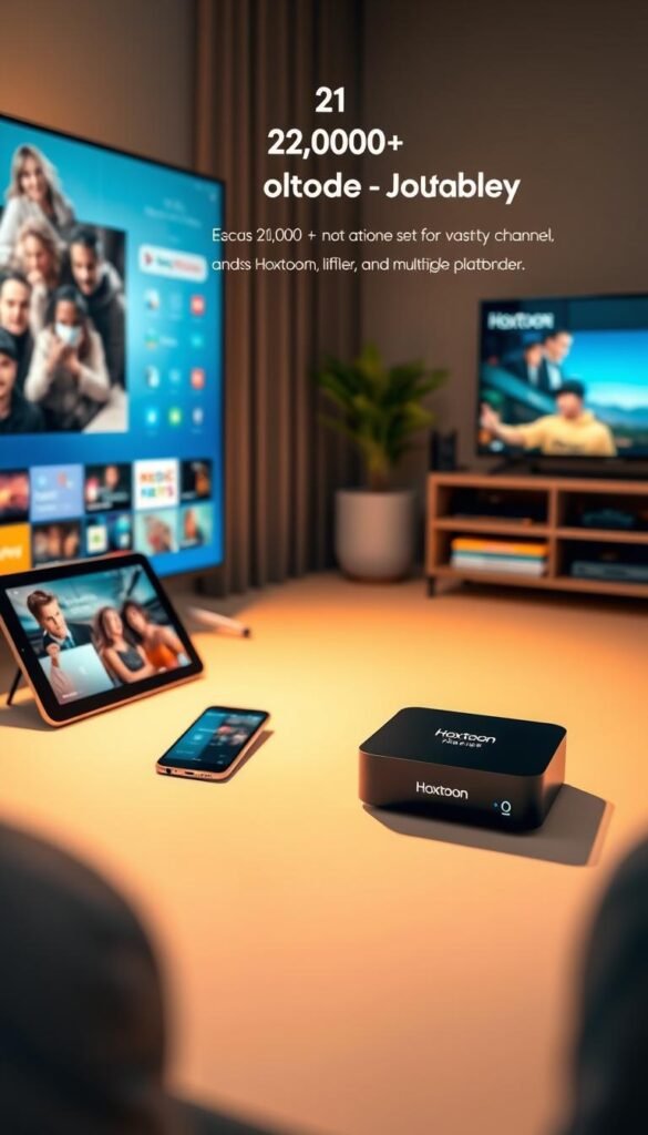 A well-lit room showcasing various electronic devices, including a smart TV, tablet, smartphone, and a set-top box labeled "Hoxtoon Provider". The devices are arranged in a visually appealing manner, highlighting their seamless compatibility and the ability to access the vast 21,000+ channel library offered by the Hoxtoon service. The scene is captured from a slightly elevated angle, emphasizing the versatility and integration of the Hoxtoon platform across multiple platforms. The lighting is warm and inviting, creating a sense of modern, high-tech sophistication. The overall composition and attention to detail convey the ease and convenience of accessing Hoxtoon's extensive content on a variety of devices.