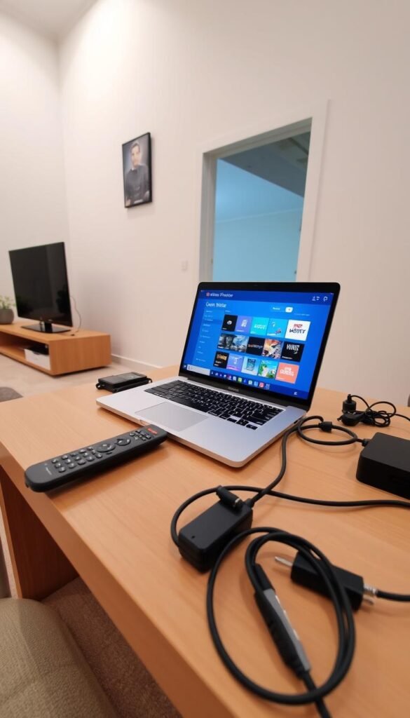 A well-lit room with a laptop on a desk, the screen displaying the Hoxtoon Provider IPTV service interface. On the desk, a remote control, smartphone, and various cables and adapters are neatly arranged. The room has a minimalist, modern decor with neutral tones, allowing the technology to take center stage. The lighting is soft and diffused, creating a warm and inviting atmosphere. The camera angle is slightly elevated, giving a clear view of the setup, conveying a sense of simplicity and ease of use for the IPTV service.