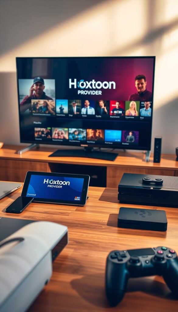 A well-lit room with modern tech devices arranged harmoniously on a sleek wooden desk. In the foreground, a Hoxtoon Provider logo-emblazoned smart TV and tablet display streaming content simultaneously. Surrounding them, a smartphone, laptop, and gaming console demonstrate the multi-device capabilities. Warm, directional lighting casts subtle shadows, highlighting the premium devices. The composition emphasizes the seamless integration of Hoxtoon Provider's services across a variety of platforms. A sense of effortless connectivity and entertainment permeates the scene.