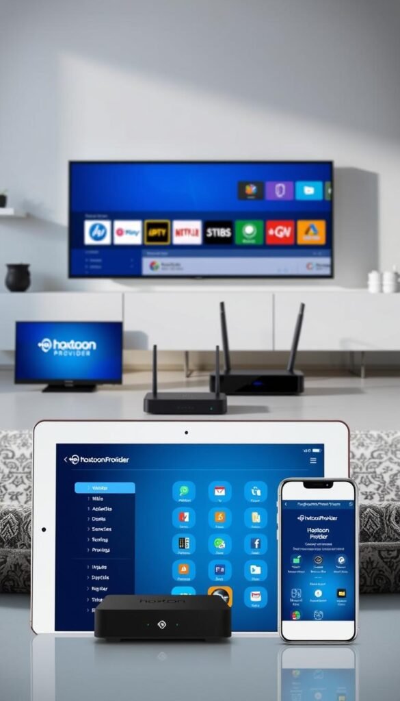 A well-lit setup showcasing various devices displaying the Hoxtoon Provider IPTV interface. In the foreground, a modern smart TV, tablet, and smartphone are arranged, each prominently displaying the Hoxtoon Provider branding and intuitive menu system. The middle ground features a sleek media streaming device and a compact router, highlighting the seamless connectivity required for a reliable IPTV experience. The background subtly depicts a minimalist home entertainment space, emphasizing the versatility and ease of use of the Hoxtoon Provider IPTV solution across multiple platforms.