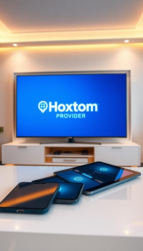 A well-lit, sleek modern interior with a Hoxtoon Provider logo prominently displayed on a high-definition TV screen. In the foreground, multiple mobile devices such as smartphones and tablets are arranged neatly, showcasing the seamless multi-device support. The devices are connected to the TV, highlighting the IPTV's ability to stream content across various platforms. The scene has a clean, minimalist aesthetic with warm lighting and reflective surfaces, conveying a sense of technological sophistication and user-friendly convenience.
