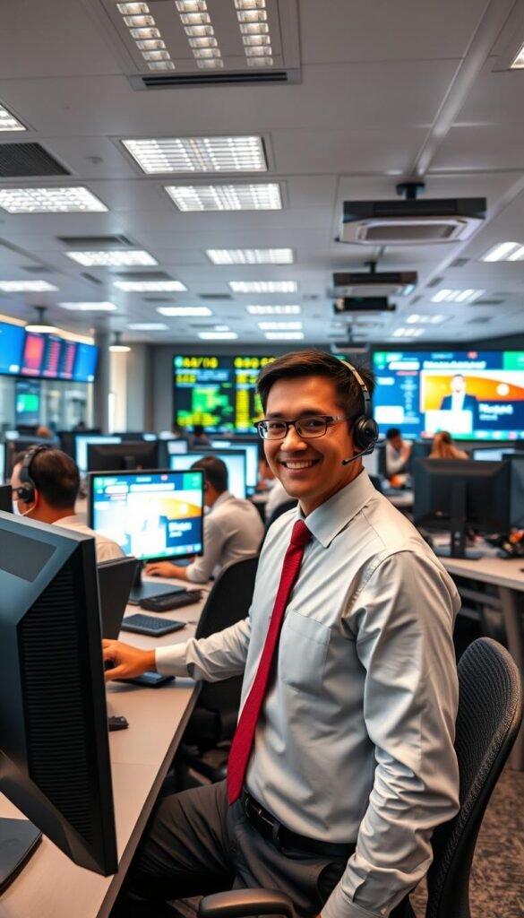 A well-lit, spacious IPTV customer support office, with sleek workstations and state-of-the-art communication equipment. In the foreground, a Hoxtoon Provider employee in a crisp collared shirt and tie, warmly greeting a customer while navigating a modern, intuitive software interface. The middle ground features a team of support specialists, each intently focused on their screens, efficiently resolving queries. The background showcases a vibrant, high-tech command center, with large displays monitoring network performance and customer satisfaction metrics. A sense of professionalism, reliability, and unwavering commitment to customer service permeates the scene.
