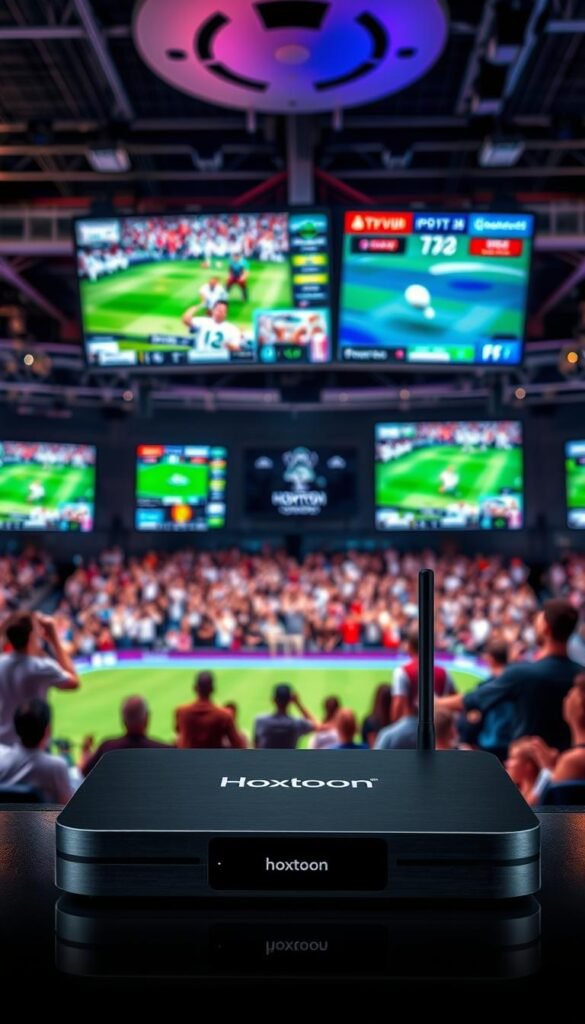 A well-lit sports arena with multiple TV screens showcasing a variety of IPTV USA sports channels. In the foreground, a sleek and modern IPTV device labeled "Hoxtoon Provider" sits prominently, indicating the reliable and high-quality service it offers. The middle ground features enthusiastic sports fans cheering and engrossed in the games, while the background depicts a dynamic and vibrant atmosphere with colorful lighting and a sense of energy. The overall scene conveys the excitement, convenience, and dependability of the Hoxtoon Provider's IPTV USA sports channel offering.