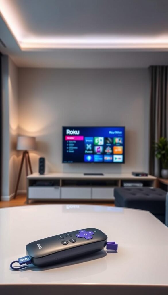 A well-lit, staged scene depicting the setup process for a Roku IPTV device. In the foreground, a Roku remote control and a Roku streaming device are prominently displayed on a modern, minimalist table. In the middle ground, a large, flat-screen Roku TV is mounted on the wall, displaying the Roku home screen. The background features a clean, modern interior design with neutral-toned walls and subtle ambient lighting, creating a calm and sophisticated atmosphere. The Hoxtoon Provider logo is subtly integrated into the scene, highlighting the IPTV service being set up on the Roku device.